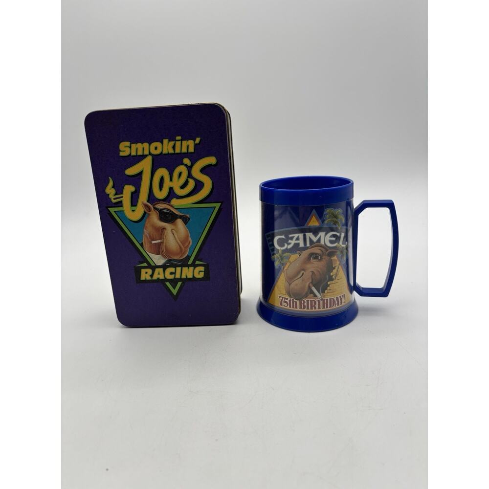 Smokin' Joe Camel Cigarette 75th Birthday Plastic Mug 16 oz 1988 And Camel Tin